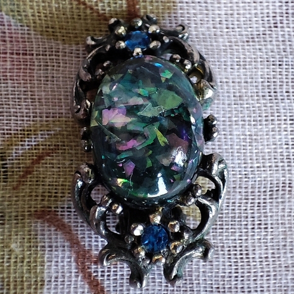 Confetti Cabochon Lucite Antique Silver Tone Vintage Clip Back Earrings Unsigned - Picture 7 of 9